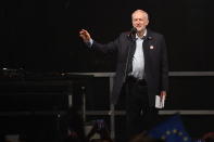 British Labour Party leader Jeremy Corbyn speaks at a rally at Pier Head in Liverpool, England, Saturday Sept. 22, 2018, ahead of the party's annual conference in the city. (Stefan Rousseau/PA via AP)