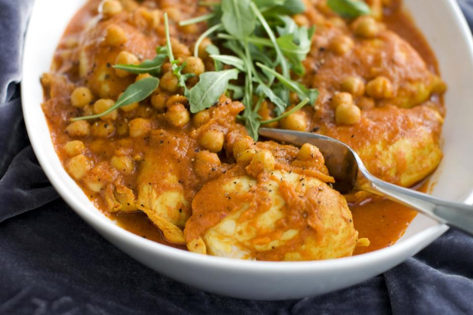 In this image taken on Jan. 21, 2013, speedy and light chicken curry is shown in a serving dish in Concord, N.H. (AP Photo/Matthew Mead)