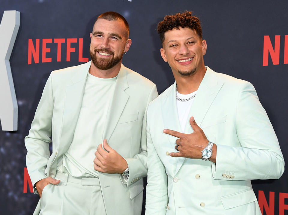 Travis Kelce and Patrick Mahomes attend the Los Angeles Premiere Of Netflix's "Quarterback" at TUDUM Theater on July 11, 2023 in Hollywood, California.