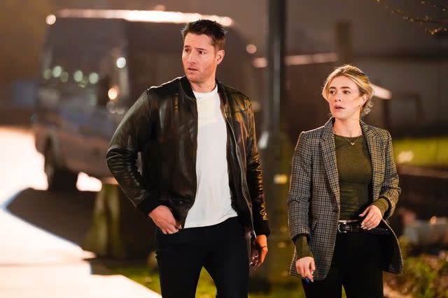 <p>Darko Sikman/CBS</p> Justin Hartley as Colter Shaw and Melissa Roxburgh as Dr. Dory Shaw in 'Tracker'.