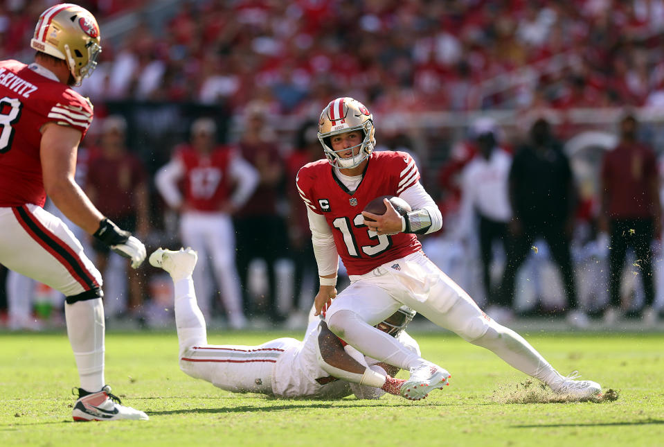 Brock Purdy and the 49ers are 2-3 after a shocking loss to the Cardinals. (Photo by Ezra Shaw/Getty Images)