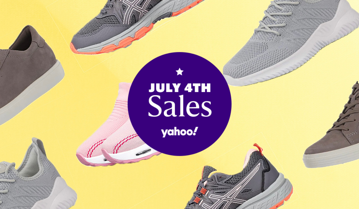 variety of sneakers and shoes in different colors with badge that reads July 4th Sales Yahoo!