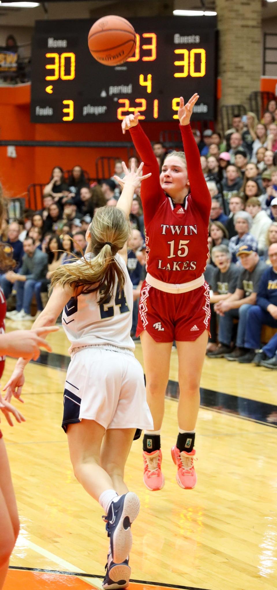 Twin Lakes junior guard Olivia Nickerson shoots a 3-pointer in the Class 3A north semistate championship game at LaPorte on Feb. 18, 2023.