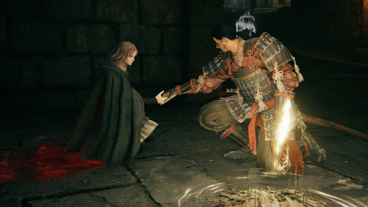  John Sekiro, my new character in Elden Ring, shakes hands with Melina by grace-light. 