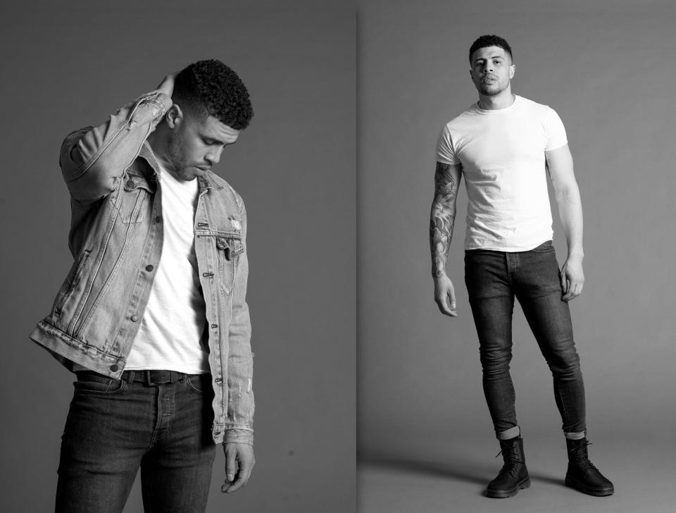 Two images of Michael Wyche from his portfolio, in a jeans jacket and with a white T-shirt and tight jeans.