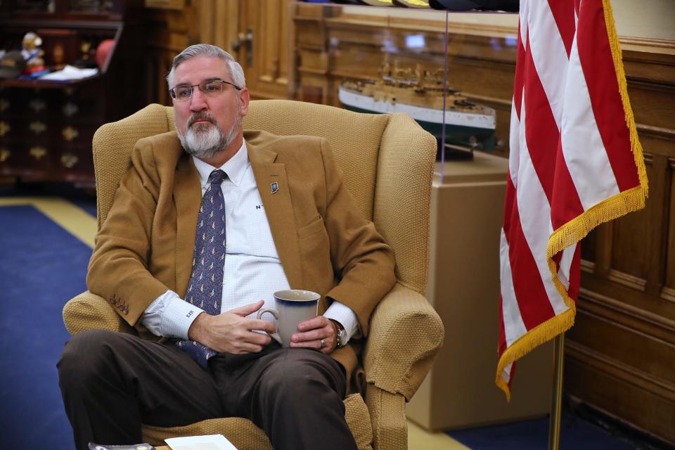 Gov. Eric Holcomb gives his year-end interview in his office Tuesday, Dec. 7, 2021 in the Indiana Statehouse.