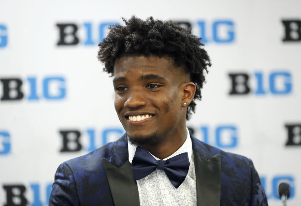 Maryland defensive back Tino Ellis smiles as he answers a question during the Big Ten Conference NCAA college football media days Thursday, July 18, 2019, in Chicago. (AP Photo/Charles Rex Arbogast)