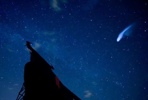 In this long exposure photo, a streak appears in the sky during the annual Perseid meteor shower in Spain, 2013.