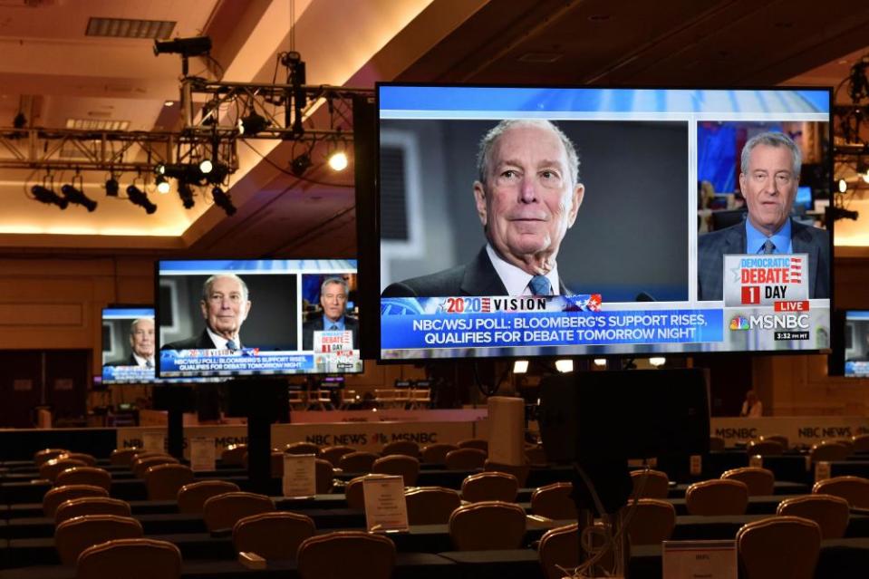 Television images of the Democratic presidential candidate Mike Bloomberg