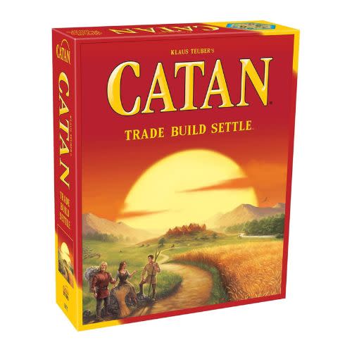 red board game for adults box with Catan written across