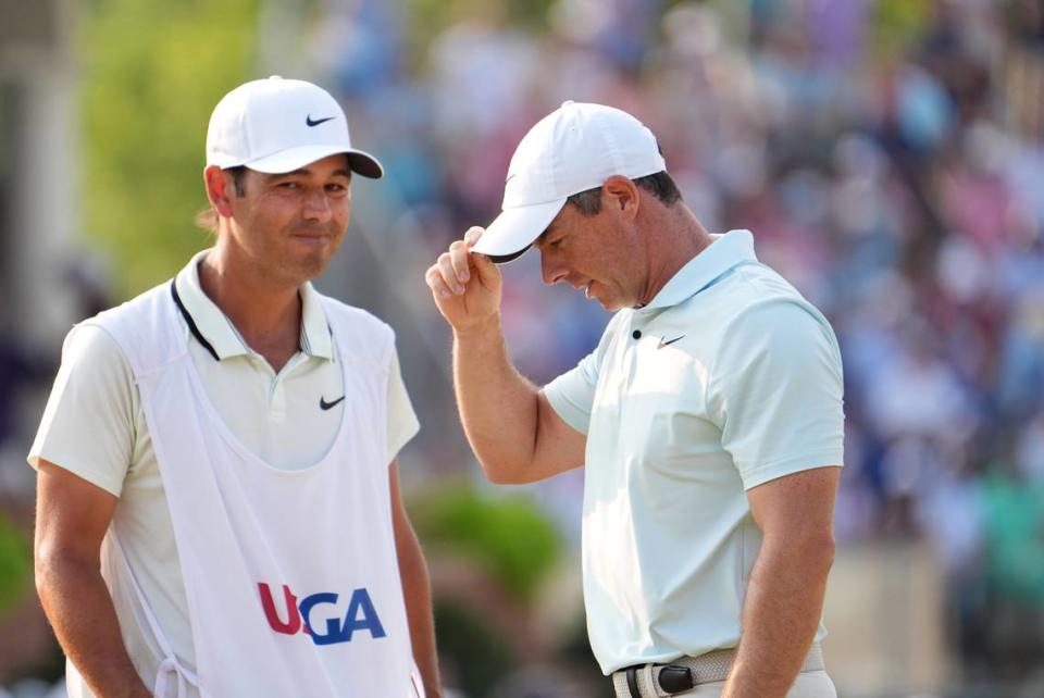 Rory McIlroy reacts after a missed putt on the eighteenth green during the final round of the U.S. Open golf tournament.