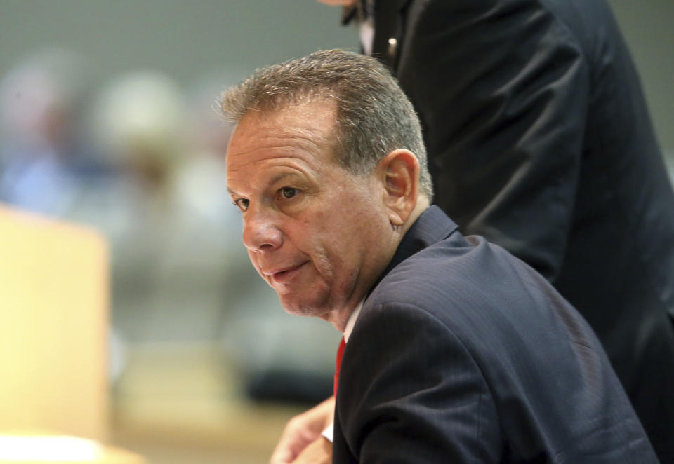 Former Broward County Sheriff Scott Israel appears before the Senate Rules Committee concerning his dismissal by Gov. Ron DeSantis, Monday, Oct. 21, 2019, in Tallahassee, Fla. (AP Photo/Steve Cannon)