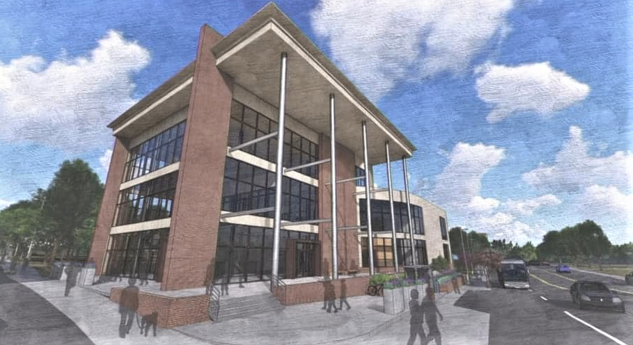 A rendering of the proposed planetarium next to Spartanburg Public Library in downtown Spartanburg.