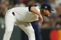 National League's Craig Kimbrel, of the Chicago Cubs, looks for the sign during the ninth inning of the MLB All-Star baseball game, Tuesday, July 13, 2021, in Denver. (AP Photo/Jack Dempsey)