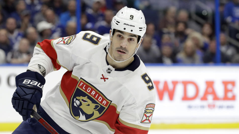 FILE - This Dec. 23, 2019 file photo shows Florida Panthers center Brian Boyle (9) during the second period of an NHL hockey game against the Tampa Bay Lightning in Tampa, Fla. The predominantly white sport of hockey has a checkered history of racism and a culture of not standing out from the team or speaking out. The death of George Floyd in Minnesota has shattered that silence. (AP Photo/Chris O'Meara)