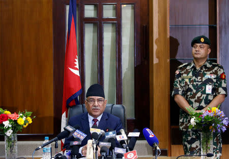 Nepalese Prime Minister Pushpa Kamal Dahal, also known as Prachanda, announces his resignation in Kathmandu, Nepal May 24, 2017. REUTERS/Navesh Chitrakar