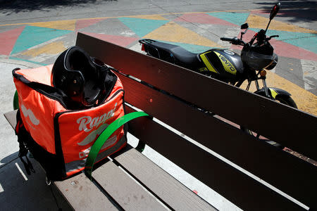 The logo of Colombian on-demand delivery company Rappi is seen on a delivery bag in Mexico City, Mexico May 20, 2019. REUTERS/Carlos Jasso