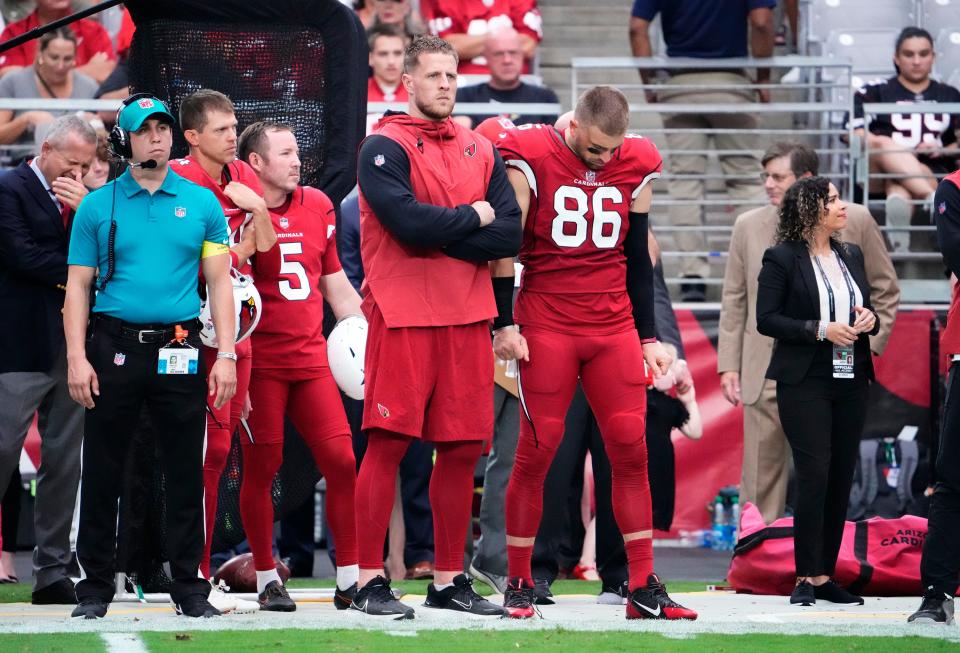 Sep 11, 2022; Glendale, Arizona, USA; Arizona Cardinals injured defensive end J.J. Watt watches the action against the Kansas City Chiefs in the first half of the season opener at State Farm Stadium.