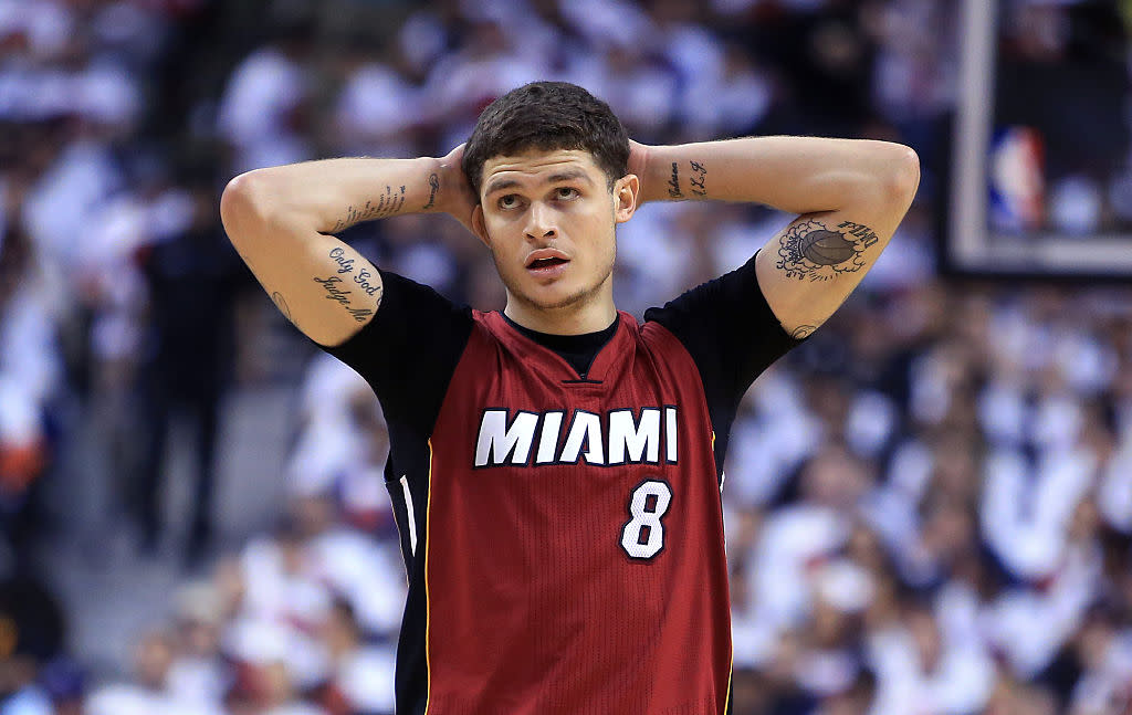 Heat guard Tyler Johnson looks on in the second half of Game 7 of the 2016 Eastern Conference Quarterfinals against the Toronto Raptors. (Vaughn Ridley/Getty Images)