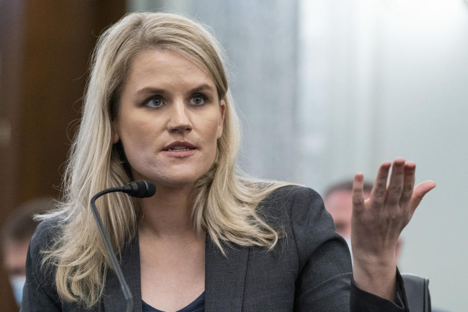 Former Facebook data scientist Frances Haugen speaks during a hearing of the Senate Commerce, Science, and Transportation Subcommittee on Consumer Protection, Product Safety, and Data Security, on Capitol Hill, Tuesday, Oct. 5, 2021, in Washington. (AP Photo/Alex Brandon)