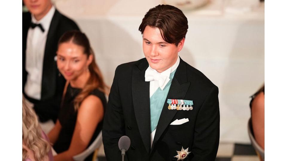 Denmark's Prince Christian gives a speech during his gala dinner for his 18th birthday 