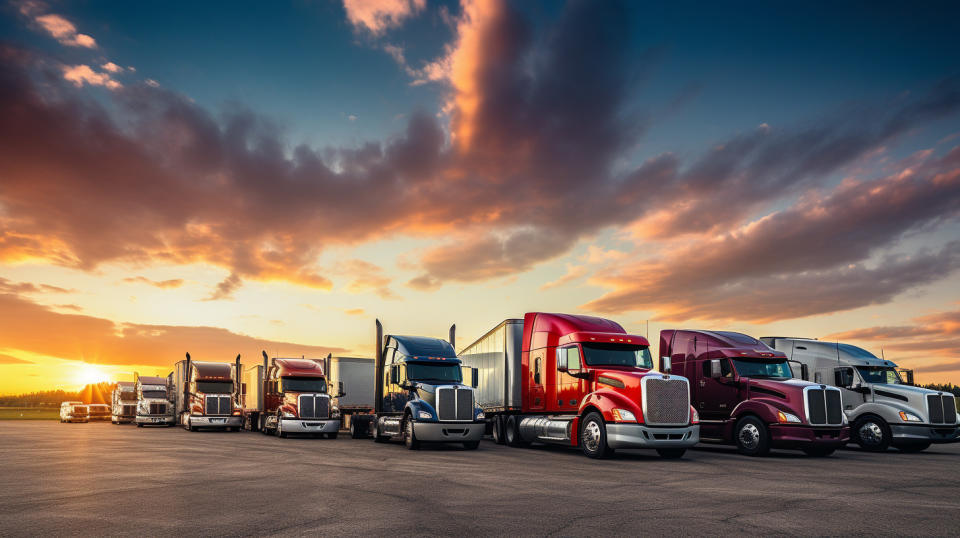 A row of semi-trucks, highlighted against an expansive sky. 