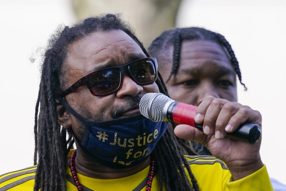 Justin Blake, Uncle of Jacob Blake, speaks at a rally for Jacob Black Saturday, Aug. 29, 2020, in Kenosha, Wis. (AP Photo/Morry Gash)