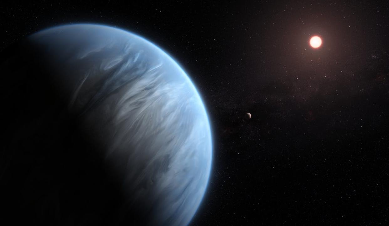 <span class="caption">An artist's impression of an exoplanet in the habitable zone around a star.</span> <span class="attribution"><a class="link " href="https://www.nasa.gov/feature/goddard/2019/nasa-s-hubble-finds-water-vapor-on-habitable-zone-exoplanet-for-1st-time" rel="nofollow noopener" target="_blank" data-ylk="slk:Credits: ESA/Hubble, M. Kornmesser;elm:context_link;itc:0;sec:content-canvas">Credits: ESA/Hubble, M. Kornmesser</a></span>