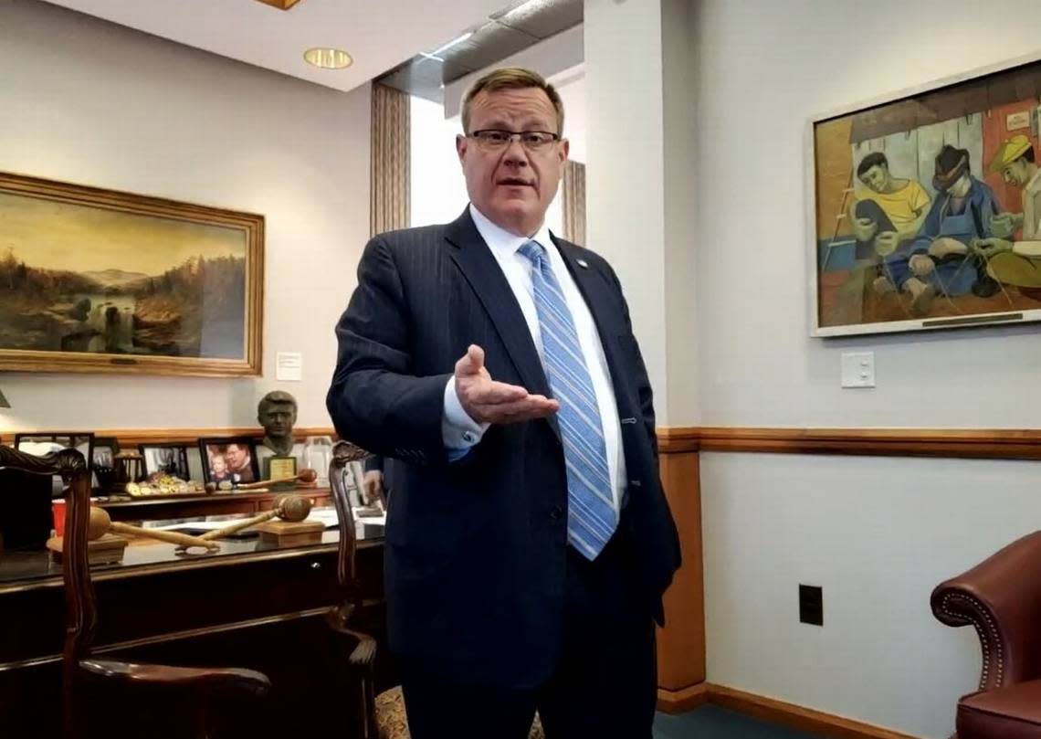 North Carolina House Speaker Tim Moore talks with reporters about a House Medicaid expansion bill in his legislative office on Wednesday evening, June 22, 2022.