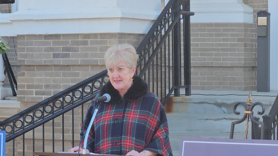 Mississippi University for Women President Nora Miller announces the university's new name: Wynbridge State University of Mississippi, during a ceremony Tuesday, Feb. 13, 2024, at the university in Columbus, Miss.
