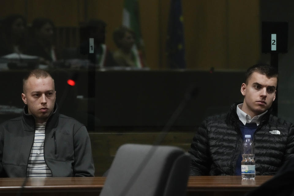 Gabriel Natale-Hjorth, right, and Finnegan Lee Elder, attend the appeal trial for the killing of Italian policeman Mario Cerciello Rega, in Rome, Friday, March. 8, 2024. The two American men face a new trial in the slaying of an Italian plainclothes police officer during a botched sting operation after Italy's highest court threw out their convictions. (AP Photo/Gregorio Borgia)