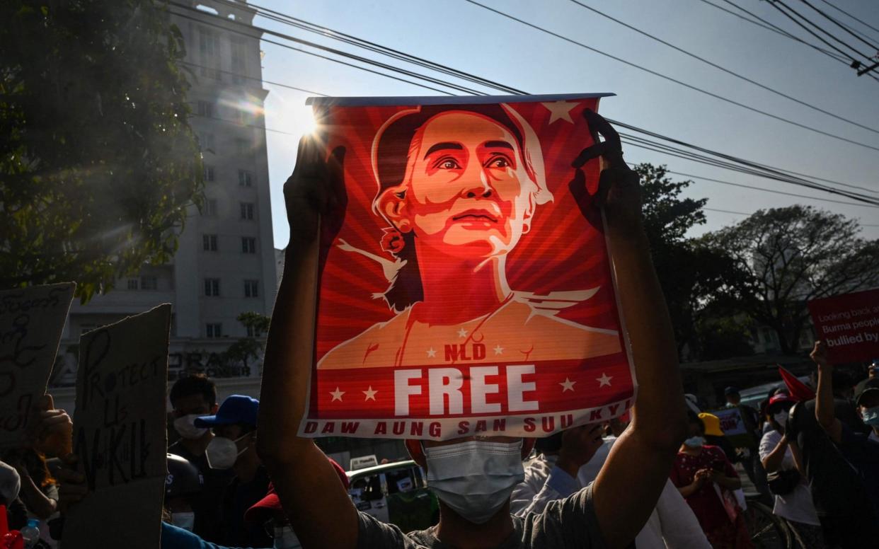 Protesters have demanded the release of Aung San Suu Kyi since she was arrested following the military coup - AFP