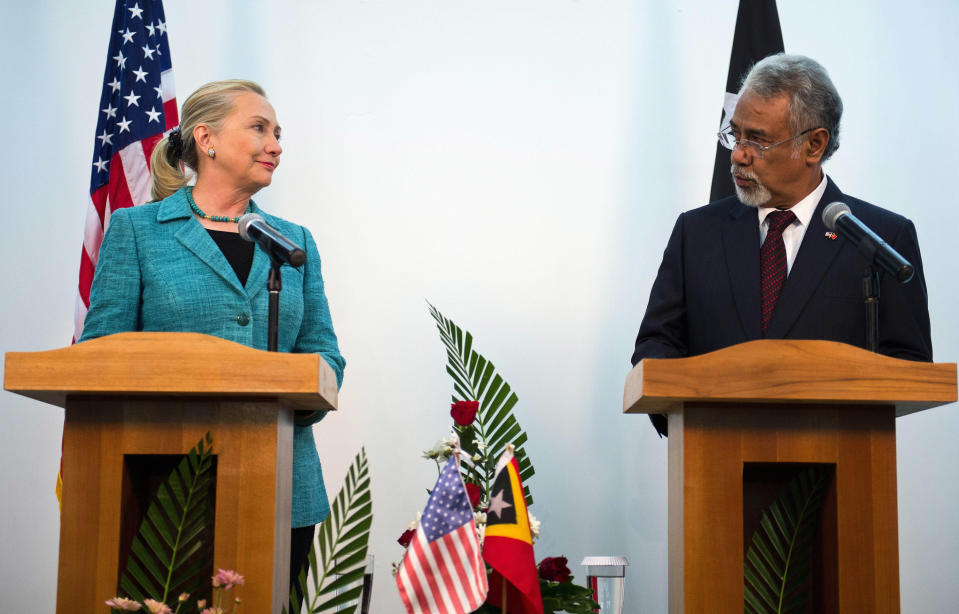 U.S. Secretary of State Hillary Rodham Clinton, left, speaks with East Timor Prime Minister Xanana Gusmao during a joint press conference at the Government Palace in Dili, East Timor Thursday, Sept. 6, 2012. U.S. Secretary of State Hillary Rodham Clinton is in East Timor to offer the small half-island nation support as it ends its reliance on international peacekeepers. (AP Photo/Jim Watson, Pool)