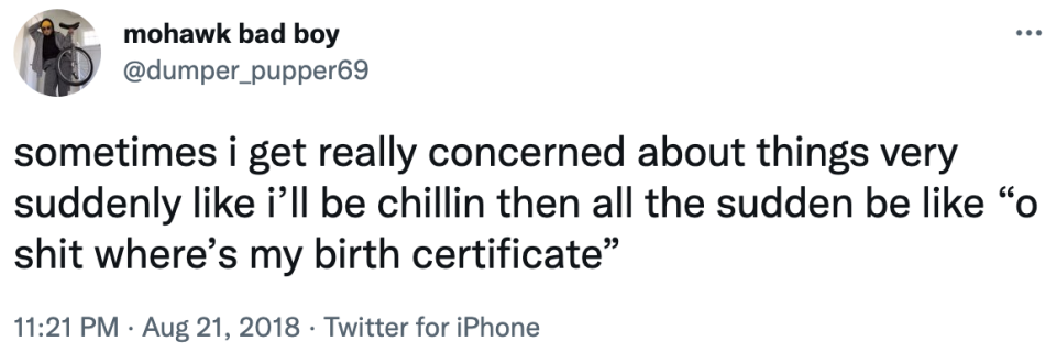 sometimes i get really concerned about things very suddenly, like i'll be chillin then all the sudden be like oh shit where's my birth certificate