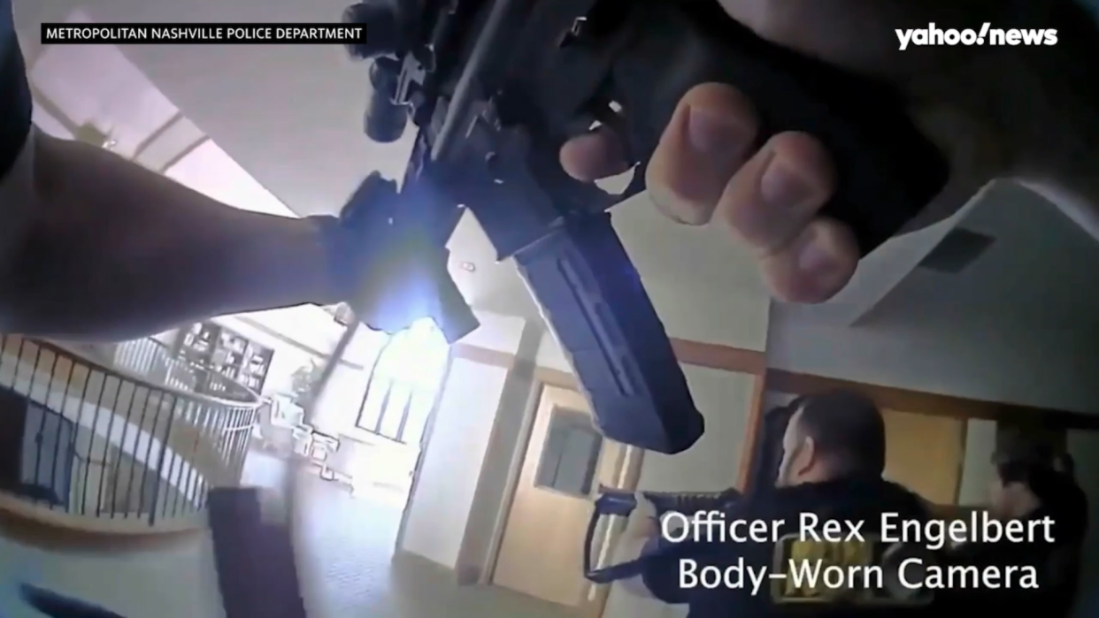 A still taken from body camera footage shows police engaging the suspect in Monday's mass shooting at the Covenant School. (Nashville Metropolitan Police Department/Yahoo News)