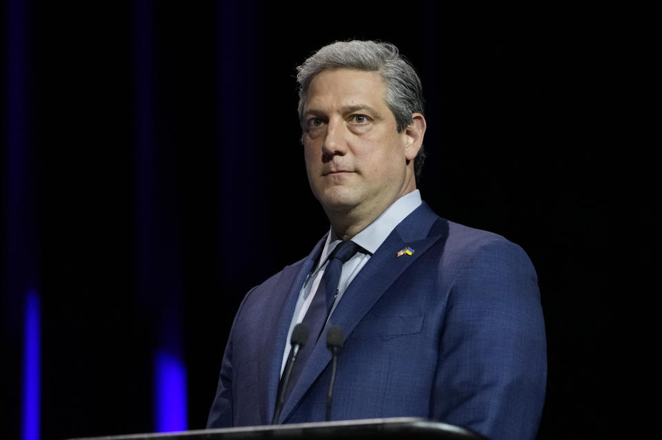 FILE—In this file photo from March 28, 2022, U.S. Senate Democratic candidate Rep. Tim Ryan, D-Ohio, participates in Ohio's U.S. Senate Democratic Primary Debate, in Wilberforce, Ohio. Democratic U.S. Rep. Tim Ryan and Trump-endorsed Republican and "Hillbilly Elegy" author JD Vance are scheduled to participate Monday, Oct. 10 in Cleveland for the first of two scheduled debates in their race to succeed retiring Republican Sen. Rob Portman in Ohio. (Joshua A. Bickel/The Columbus Dispatch via AP, Pool)