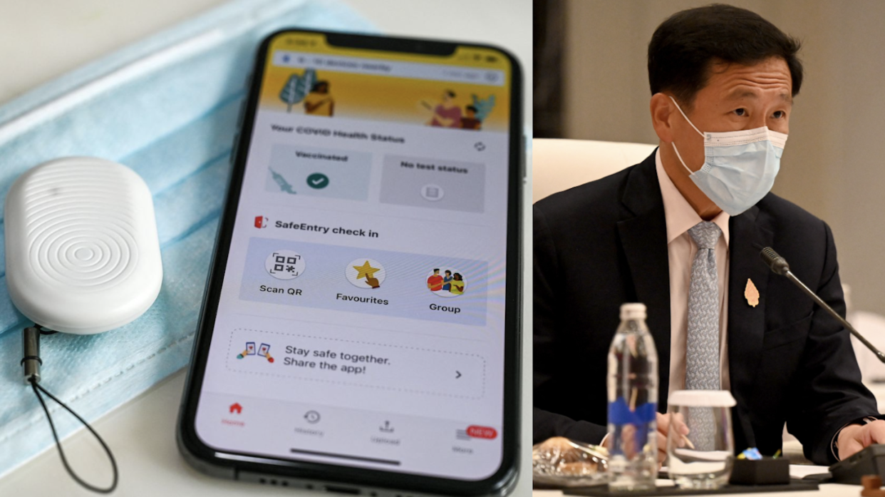 A TraceTogether token and mobile phone application on top of a surgical mask (left) and Minister for Health Ong Ye Kung (Photos: Getty Images)