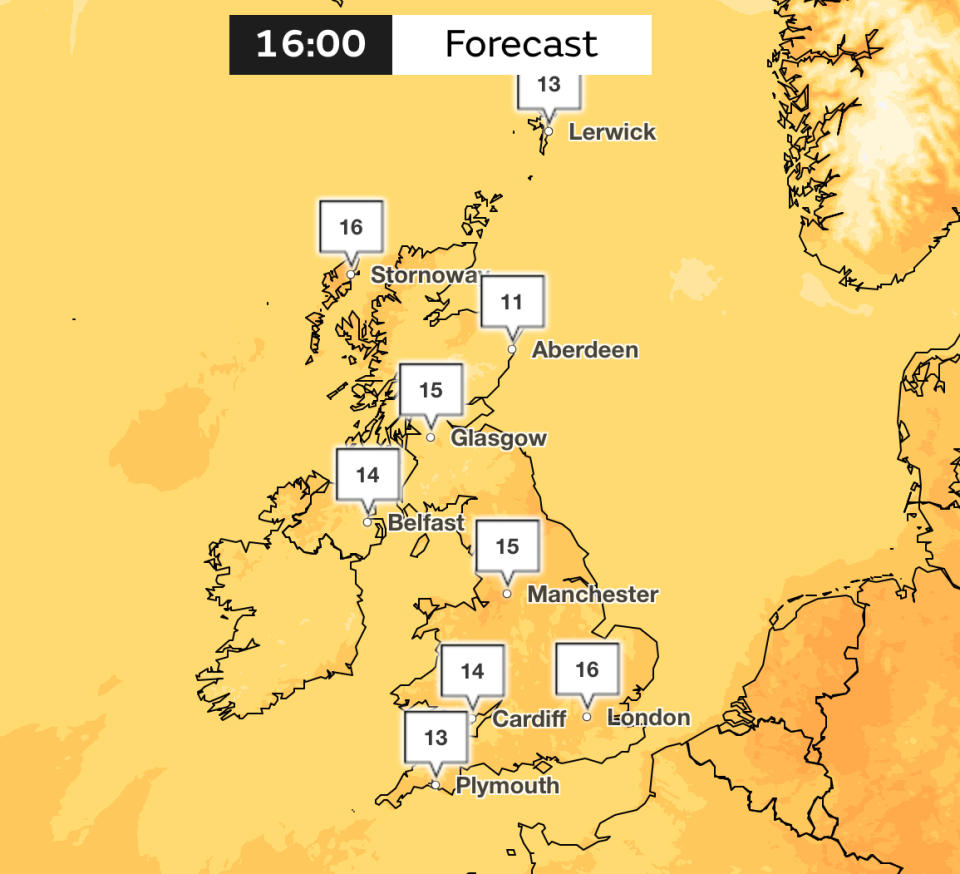 Temperatures on Saturday afternoon are predicted to hit the mid to late teens. (Met Office)