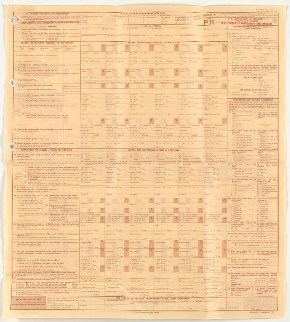 A copy of a 1950 U.S. Census form kept by the National Archives and Records Administration.