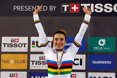 Cycling - UCI Track World Championships - Women's 500m Time Trial Final - Hong Kong, China - 15/4/17 - Russia’s Daria Shmeleva poses with her gold medal. REUTERS/Bobby Yip