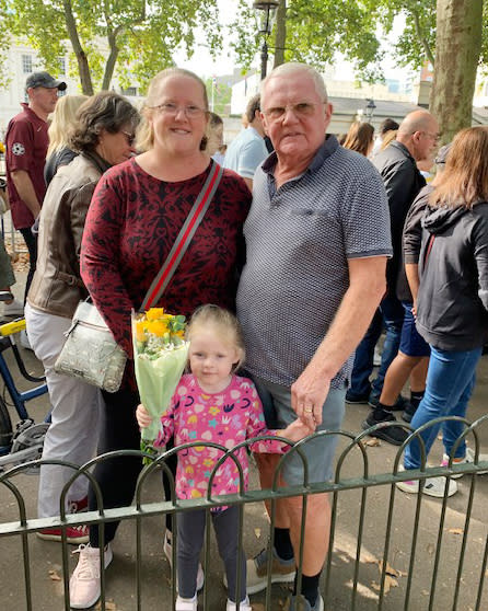 Dave Thompson, 72, of Croydon, with granddaughter Ivy Rees, age 3, and her mother, Denise Rees, 41. (Corky Siemaszko / NBC News)