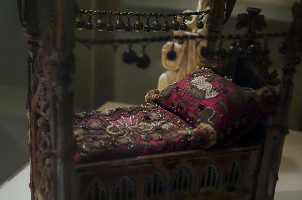 A 15th century work from the Netherlands, "Crib of the Infant Jesus"—a 1974 gift from Ruth Blumka to the Metropolitan Museum of Art—is shown on exhibition at the museum Thursday, Sept. 1, 2022, in New York. The creation is among 53 works in the museum's collection, once looted during the Nazi era, but returned to their designated owners before being obtained by the museum through donation or sale. (AP Photo/Bebeto Matthews)