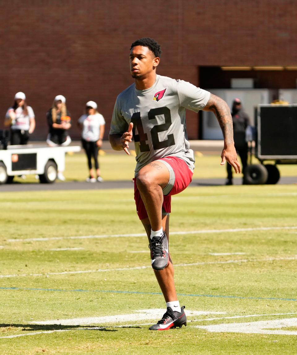 Arizona Cardinals safety Dadrion Taylor-Demerson (42) during rookie mini-camp in Tempe.