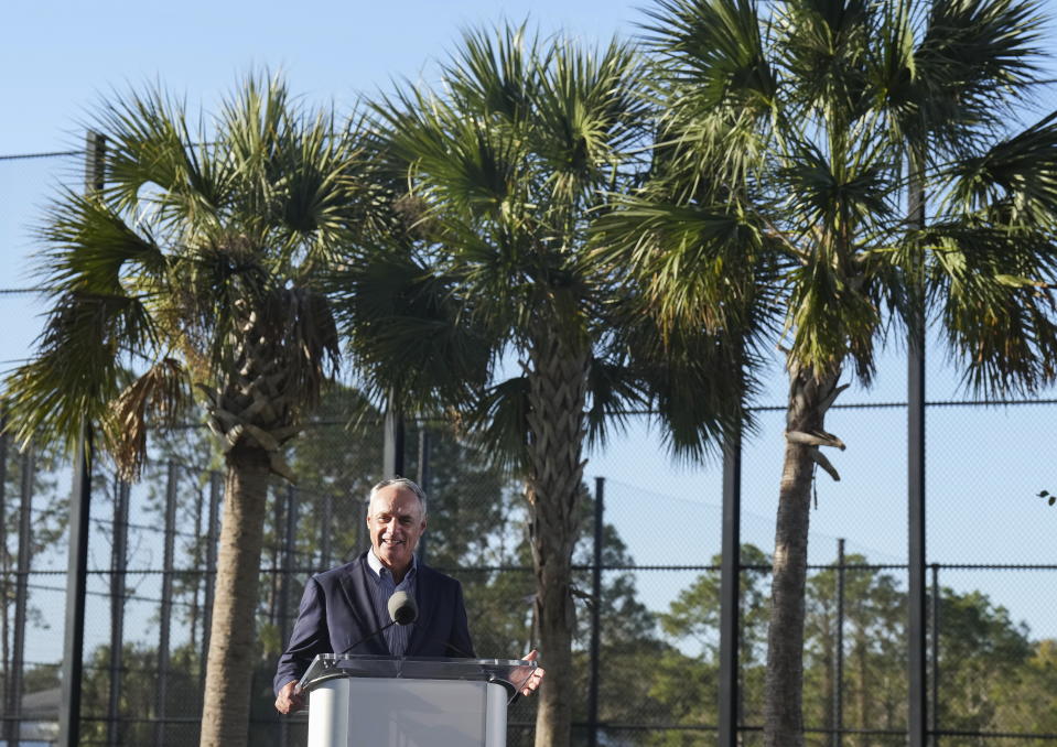 MLB Commissioner Rob Manfred speaks to the media and answers questions during baseball spring training in Dunedin, Fla., Thursday, Feb. 16, 2023. (Nathan Denette/The Canadian Press via AP)