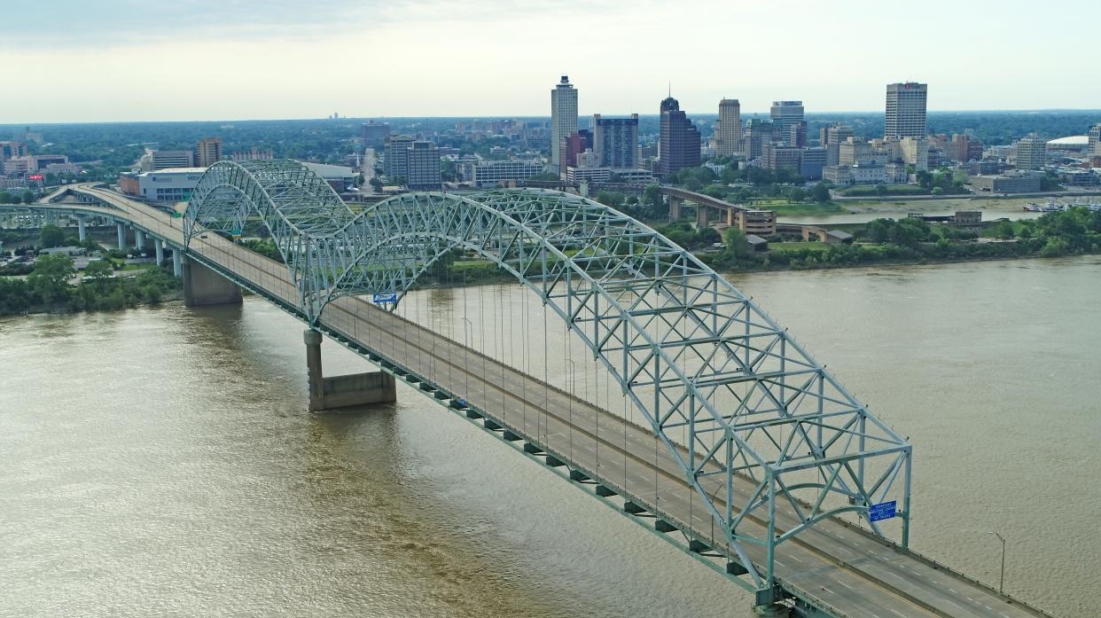 The Memphis skyline can be seen over the Hernando de Soto Bridge, which was shut down to vehicle traffic following the discovery of a crack, was photographed by a drone on Sunday, May 16, 2021.