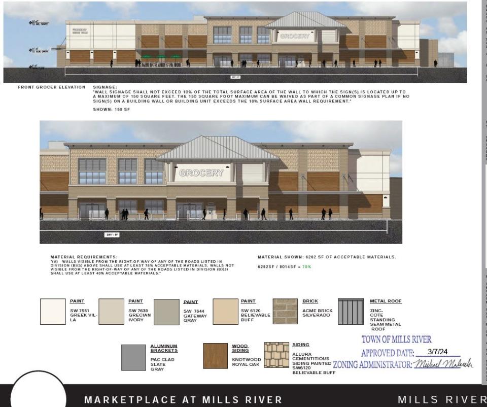 Developers' plans show the height of the buildings for proposed grocery store complex called The Marketplace at Mills River.