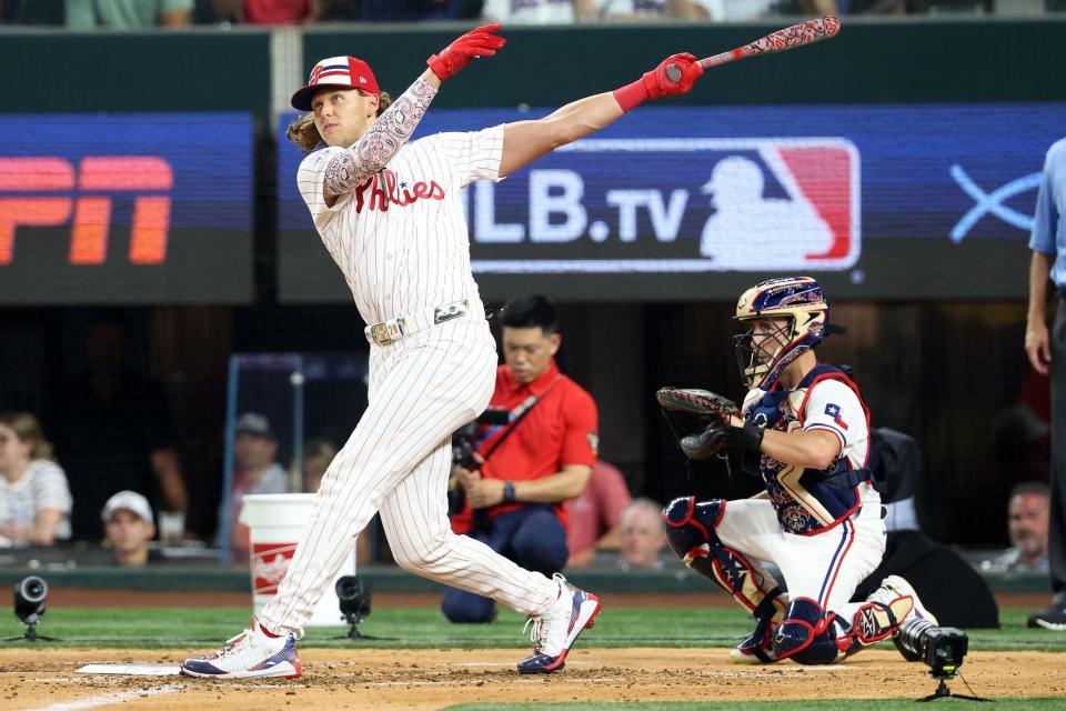 JNational League third baseman Alec Bohm of the Philadelphia Phillies competes during the 2024 Home Run Derby at Globe Life Field in Arlington, Texas on July 15, 2024.