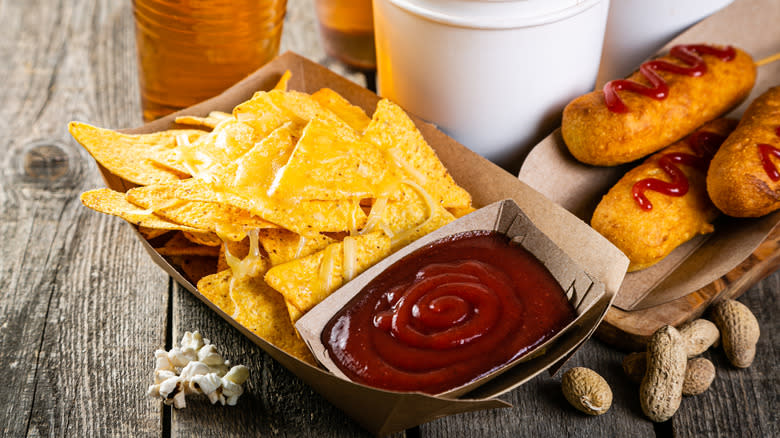 ballpark nachos, peanuts, and cordogs