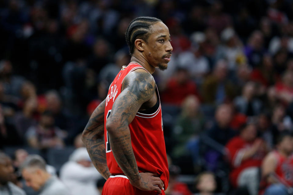 DeMar DeRozan has played some of the best basketball of his career in a Chicago Bulls uniform, but his team is still winless against the NBA&#39;s top teams. (Lachlan Cunningham/Getty Images)