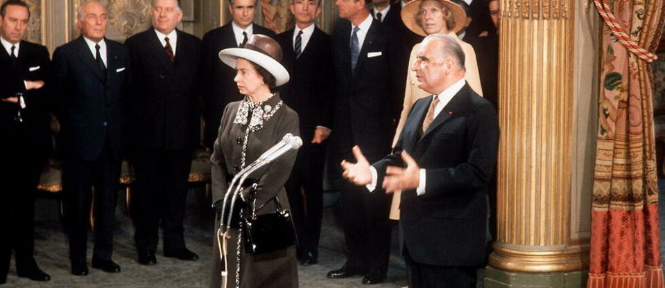 Georges Pompidou prononce un discours à l'Élysée, au moment d'accueillir Elizabeth II, le 5 mai 1972, pour ce qui constitue sa deuxième visite d'État en France. - Credit:- / UPI / AFP